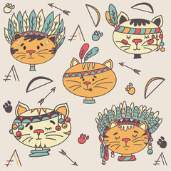 Little cat dressed as an Indian. Illustration for children. Pattern for textile and children's book covers.