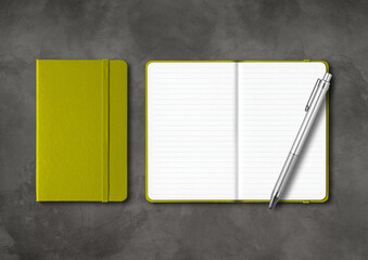 Olive green closed and open lined notebooks with a pen on dark concrete background