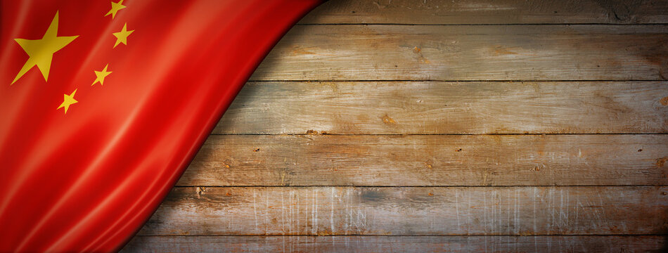 Chinese flag on vintage wood wall banner