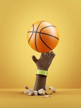 3d render, cartoon character dark skin tone hand holds basketball ball, isolated on yellow background. Sport clip art