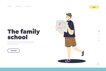 Schoolboy getting high assessment mark for test or exam over template landing page background