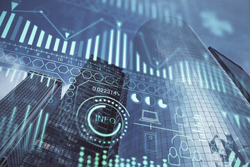 Double exposure of technology theme hologram and cityscape background. Concept of Hightech.