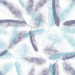 seamless pattern with blue feathers on white background