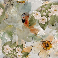 seamless watercolor floral pattern with white spring flowers, yellow narcissus and butterfly