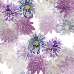 seamless watercolor floral pattern with blue and purple asters