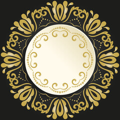 Round vector frame with golden floral elements and arabesques. Pattern with arabesques. Fine greeting card