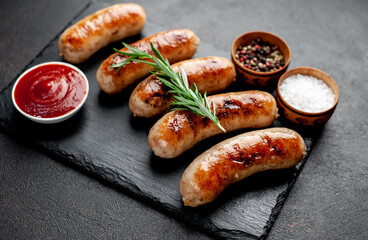 grilled sausages with spices on a stone background