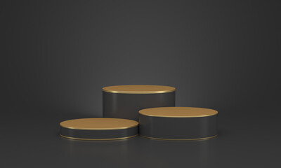3D rendering. Illustrations for advertising. Empty presentation stand podium on black background. Three cylindrical stepped blocks.