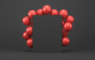 Illustrations for advertising. Red balloons in a black interior around a black board. 3d render illustration. Black Friday.