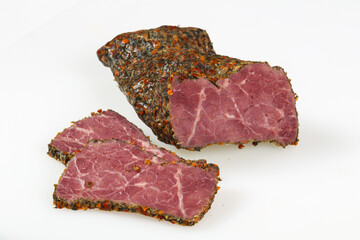 Tasty meat sausages over white background