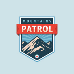 Mountains patrol - concept badge. Climbing logo in flat style. Extreme exploration sticker symbol.  Camping & hiking creative vector illustration. Graphic design element.  