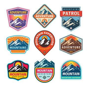 Mountain badges set. Adventure outdoor creative vintage logo design. Climbing hiking emblem collection. Vector illustration.