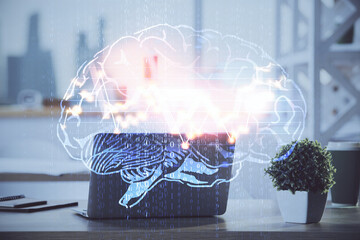 Double exposure of desktop computer and human brain drawing hologram. Ai concept.