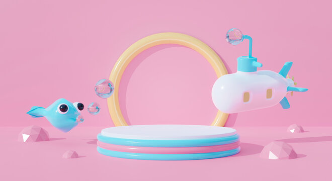 3d podium on pastel background abstract water. Submarine cartoon kid and fish.