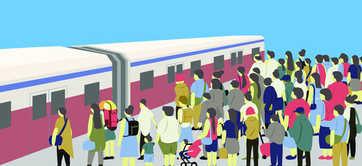 Obraz na płótnie Canvas Many people at train station and blue sky.