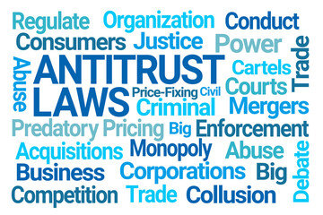 Antitrust Laws Blue Word Cloud on White Background
