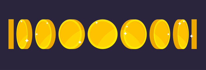 Gold coin animation for game and apps. Vector golden coins in different shapes or position isolated on dark background. Illustration of money turn around.