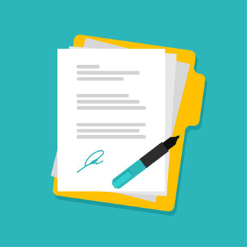 Stack of paper document with folder and pen.  Job contract with a signature. Business financial agreement concept. Vector illustration isolated.
