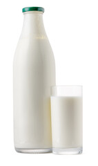 Glass bottle and cup of fresh milk isolated