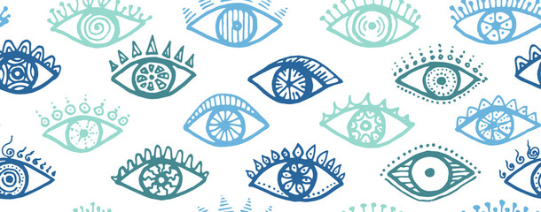 Hand drawn human eyes tribal repeatable pattern. 