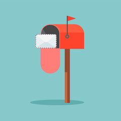 Red mailbox with letters inside in cartoon style. White envelope flies into the mailbox. Vector illustration isolated on blue background.	
