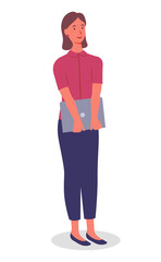 Young pretty girl in blue trousers, fuchsia blouse, with laptop in her hands. Girl with short haircut, red earring stands and smiles. Employees, colleagues or office staff. Communicate and work