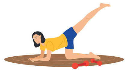 The girl goes in for sports on an oval rug at home, next to red dumbbells. Sport activity at home. Healthy lifestyle. Woman training sport indoors. Youga, fitness, pilates. Girl raises her leg.