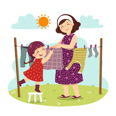 Vector illustration cartoon of mother and daughter hanging the laundry on the backyard. Kids doing housework chores at home concept.