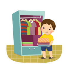 Vector illustration cartoon of a little boy putting stack of folded clothes in closet. Kids doing housework chores at home concept.