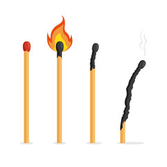 Collection of matches with fire. Whole and burnt matchstick. Stages of burning the match. Vector illustration isolated on white background.