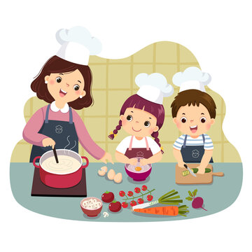 Vector illustration cartoon of mother and children cooking at kitchen counter. Kids doing housework chores at home concept.