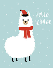 christmas card with cute llama, vector illustration