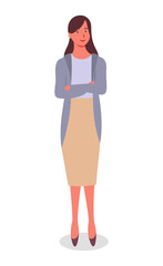 Fototapeta premium Young black-haired smiling girl in long narrow cream skirt, blue blouse, arms crossed on her chest. Woman an office employee, manager or businesswoman is standing, falling shadow. Flat vector image
