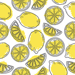 Seamless pattern with hand drawn colorful lemons on a white background, grunge style. Doodle, simple outline illustration. It can be used for decoration of textile, paper and other surfaces.