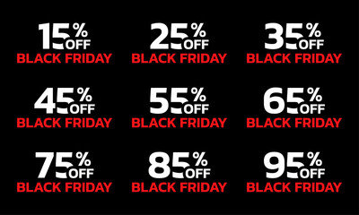 Price off label or badge set. Black Friday sale icons or tags with 15, 25, 35, 45, 55, 65, 75, 85, 95 percent discount. Vector illustration.