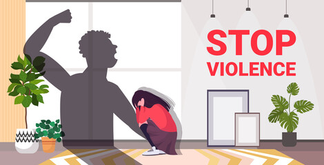 shadow of furious angry man raised punishment fist over scared or terrified woman stop family violence and aggression concept horizontal portrait vector illustration