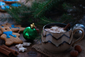 New Year. Sweet gingerbread cookies. Hot cocoa with marshmallows.