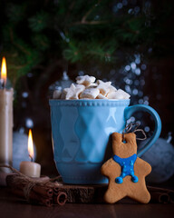 New Year. Sweet gingerbread cookies. Hot cocoa with marshmallows.