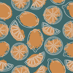 Seamless pattern with hand drawn lemons on a dark background, grunge style. Doodle, simple outline illustration. It can be used for decoration of textile, paper and other surfaces.