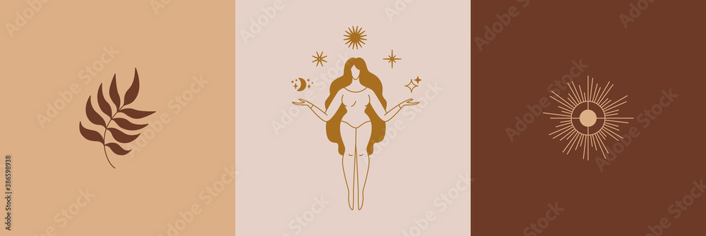 Poster beautiful female figure. vector logo design template and illustration in simple minimal linear style