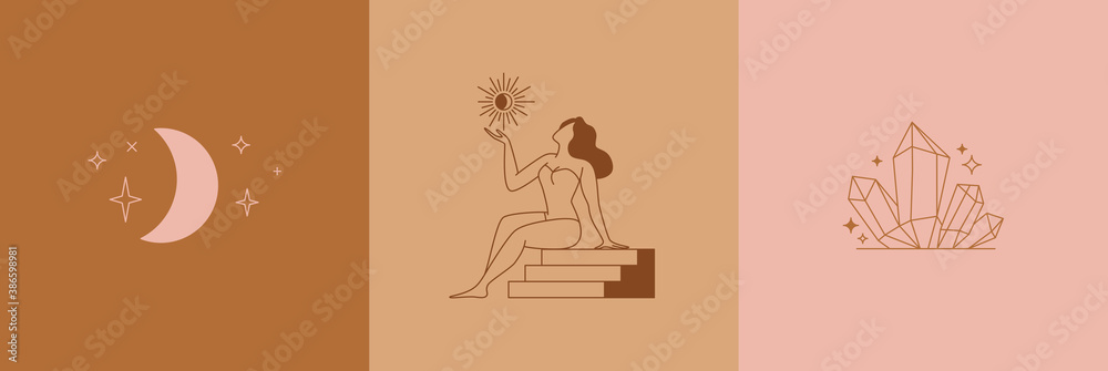 Poster beautiful female figure. vector logo design template and illustration in simple minimal linear style