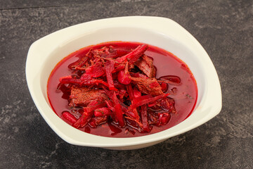 Russian traditional Borsch soup with cabbage