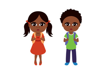 Cute african girl and boy with backpacks icon set vector. Adorable african children icon set vector. Ethnic school girl and school boy icon isolated on a white background. Small african american child