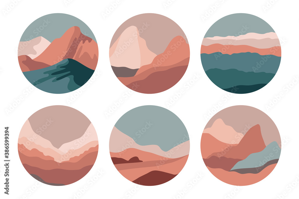 Fototapete Vector set of abstract creative backgrounds in minimal trendy style with copy space for text  and mountain landscape 