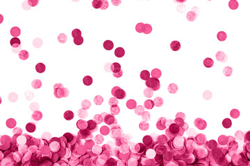 Festive red confetti background. Flat lay style.