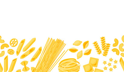 Horizontal seamless border frame composition of many kinds of pasta. Vector illustration cartoon flat icon isolated on white. Template element for packaging label design.