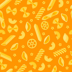 Seamless composition of many kinds of pasta. Vector illustration cartoon flat icon isolated on color background. Template element for packaging design.