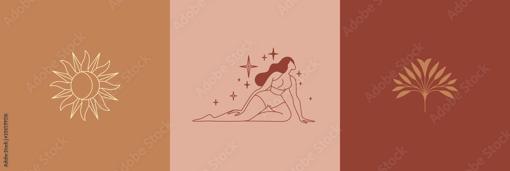 Poster beautiful female figure. vector logo design template and illustration in simple minimal linear style