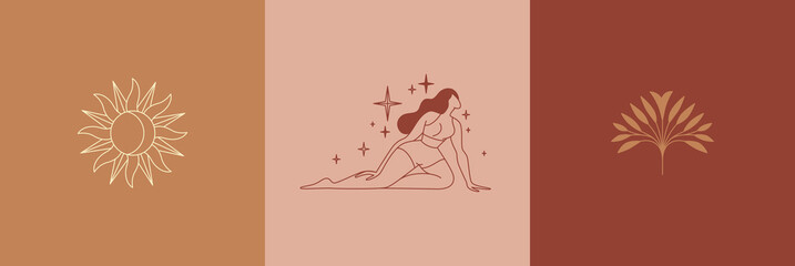 Beautiful female figure. Vector logo design template and illustration in simple minimal linear style - modern feminine art, celestial and magical abstract print - obrazy, fototapety, plakaty
