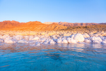 Salt on the shore. Dead Sea landscape. Jordan